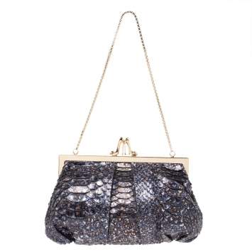 Pre Owned Christian Louboutin Blue Python Loubi Lula Chain Clutch
