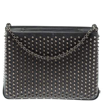 Pre Owned Christian Louboutin Black Leather Large Triloubi Spiked Shoulder Bag
