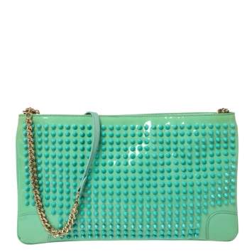 Pre Owned Christian Louboutin Mint Green Patent Leather Spiked Loubiposh Clutch Bag