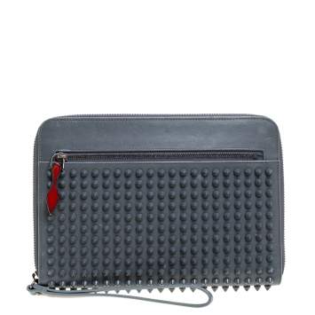 Pre Owned Christian Louboutin Grey Leather Spike Zip Wristlet Clutch