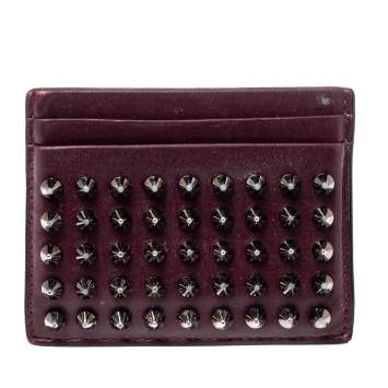 Pre Owned Christian Louboutin Maroon Leather Kios Rockstud Card Holder