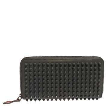 Pre Owned Christian Louboutin Grey Leather Spikes Panettone Zip Around Wallet