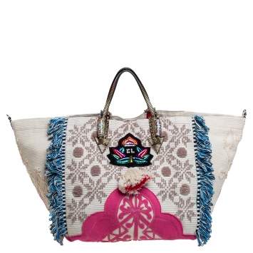 Pre Owned Christian Louboutin Cream Fabric Portugaba Fringe Tote