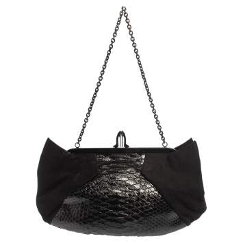 Pre Owned Christian Louboutin Black Python and Suede Loubi Lula Chain Clutch