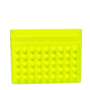 Pre Owned Christian Louboutin Neon Green Patent Leather Kios Spike Card Holder