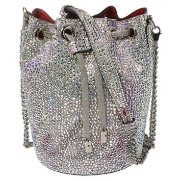 Pre Owned Christian Louboutin Silver Crystal Embellished Leather Marie Jane Bucket Bag