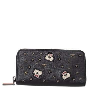 Pre Owned Christian Louboutin Black Leather Spike Panettone Zip Around Wallet