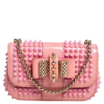 Pre Owned Christian Louboutin Pink Patent Leather Mini Spiked Sweet Charity Crossbody Bag
