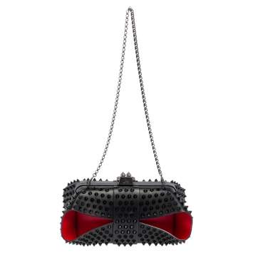 Pre Owned Christian Louboutin Black Leather Spike Grandotto Chain Clutch