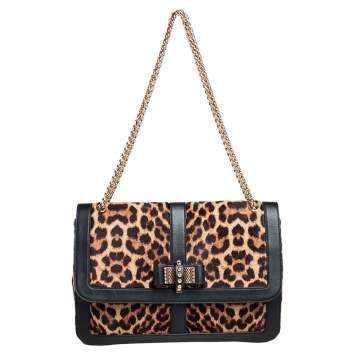 Pre Owned Christian Louboutin Black/Brown Leopard Print Calfhair and Leather Sweet Charity Shoulder Bag