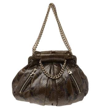 Pre Owned Christian Louboutin Olive Green Python Kiss-Lock Frame Hobo