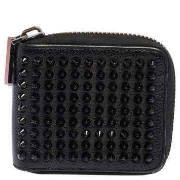 Pre Owned Christian Louboutin Black Leather Spiked Zip Around Wallet