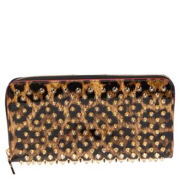 Pre Owned Christian Louboutin Beige/Brown Leopard Print Patent Leather Spikes Panettone Zip Around Wallet