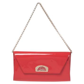Pre Owned Christian Louboutin Neon Red Patent Leather Vero Dodat Chain Clutch