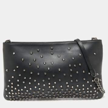 Pre Owned Christian Louboutin Black Leather Spiked Loubiposh Chain Clutch