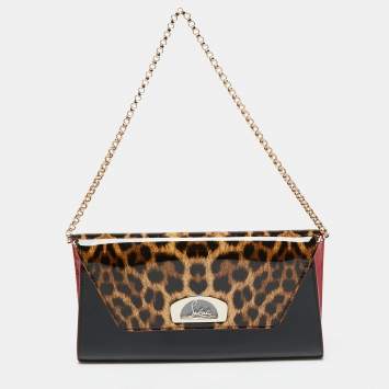 Pre Owned Christian Louboutin Black/Red Leopard Print Patent Leather Vero Dodat Chain Clutch