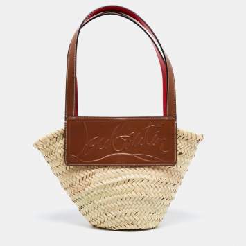 Pre Owned Christian Louboutin Brown/Cream Woven Raffia and Leather Small Loubishore Tote