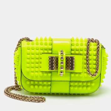 Pre Owned Christian Louboutin Neon Yellow Leather Mini Spiked Sweet Charity Crossbody Bag