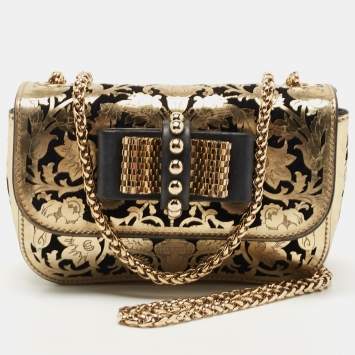 Pre Owned Christian Louboutin Gold/Black Leather Mini Spiked Sweet Charity Bag