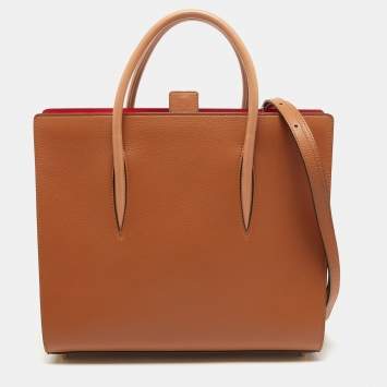 Pre Owned Christian Louboutin Tan/Red Leather and Patent Large Paloma Tote