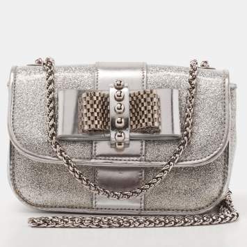 Pre Owned Christian Louboutin Silver Patent and Leather Mini Spiked Sweet Charity Crossbody Bag