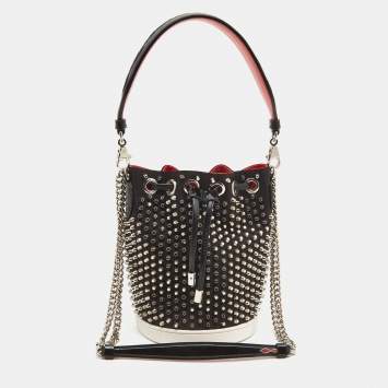 Pre Owned Christian Louboutin Black Satin Studded Marie Jane Bucket Bag