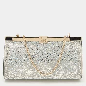 Pre Owned Christian Louboutin Silver Leather Small Crystal Embellished Moonlight Palmette Clutch 