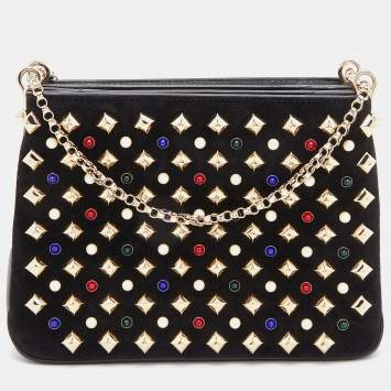 Pre Owned Christian Louboutin Black Leather and Suede Triloubi Embellished Chain Bag