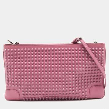 Pre Owned Christian Louboutin Pink Leather Studded Kios Zip Crossbody Bag