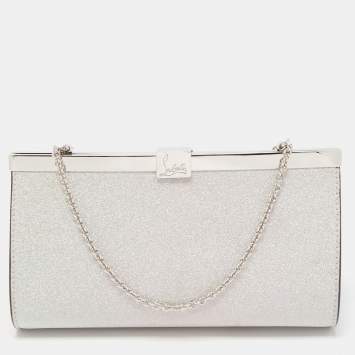 Pre Owned Christian Louboutin Silver Glitter Leather Palmette Chain Clutch