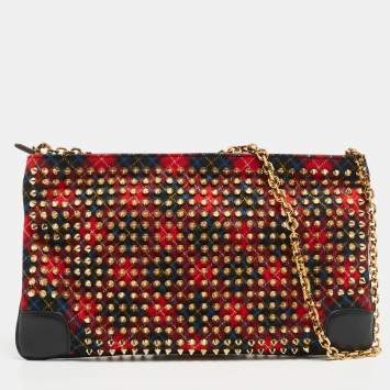 Pre Owned Christian Louboutin Multicolor Wool and Leather Loubiposh Spiked Chain Clutch