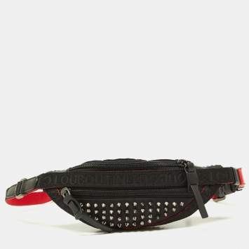 Pre Owned Christian Louboutin Black Nylon and Leather Spike Studded Belt Bag
