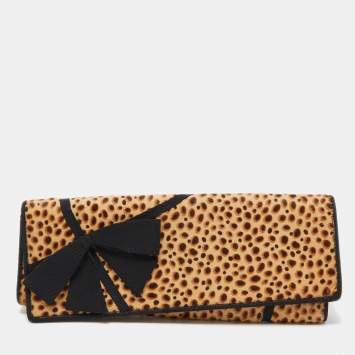 Pre Owned Christian Louboutin Beige/Black Leopard Print Calfhir Bow Flap Clutch