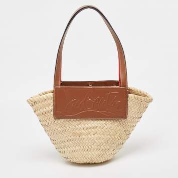 Pre Owned Christian Louboutin Brown/Cream Woven Raffia and Leather Small Loubishore Tote