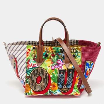 Pre Owned Christian Louboutin Multicolor Canvas and Leather Caracaba Embroidered/Studded Shopper Tote