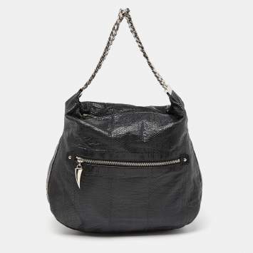 Pre Owned Christian Louboutin Black Snakeskin Embossed Leather Hobo