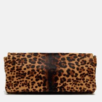 Pre Owned Christian Louboutin Beige/Black Leopard Print Calfhir Flap Clutch