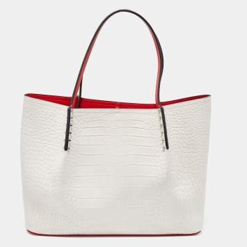 Pre Owned Christian Louboutin Off White Croc Embossed Leather Cabarock Shopper Tote