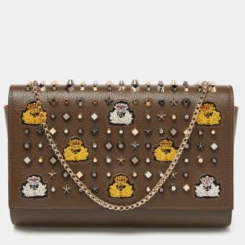 Pre Owned Christian Louboutin Olive Patent and Leather Paloma Embellished Chain Clutch