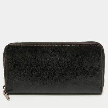 Pre Owned Christian Louboutin Black Crackled Patent Leather Zip Around Continental Wallet