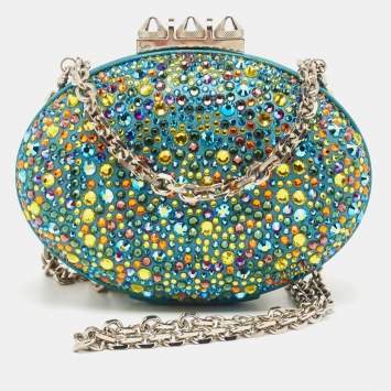 Pre Owned Christian Louboutin Teal Suede Crystals Embellished Mina Chain Clutch