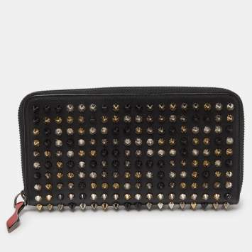 Pre Owned Christian Louboutin Black Leather Spikes Panettone Zip Around Wallet