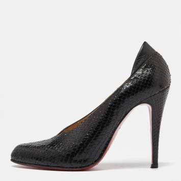 Pre Owned Christian Louboutin Black Python Leather V- Neck Pumps Size 39