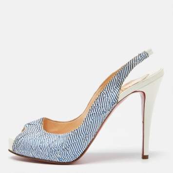 Pre Owned Christian Louboutin White/Blue Striped Fabric No Prive Slingback Pumps Size 38.5
