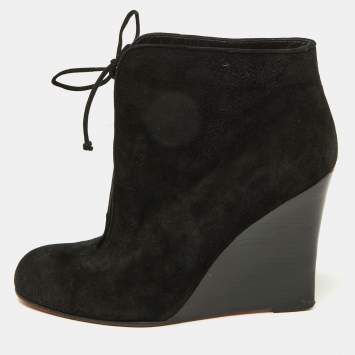Pre Owned Christian Louboutin Black Suede Lace Up Wedge Booties Size 39