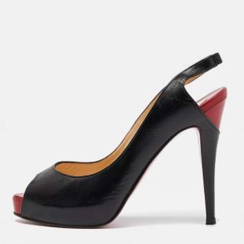 Pre Owned Christian Louboutin Black Leather Private Number Platform Slingback Sandals Size 38