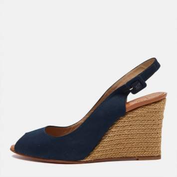 Pre Owned Christian Louboutin Navy Blue Canvas Puglia Espadrille Wedge Sandals Size 39