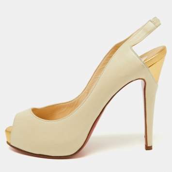 Pre Owned Christian Louboutin Cream/Gold Leather Platform Peep Toe Singback Pumps Size 38