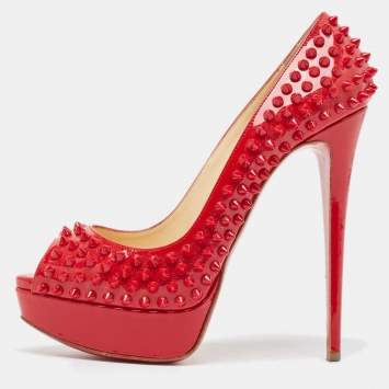 Pre Owned Christian Louboutin Red Patent Leather Lady Peep Spikes Pumps Size 39