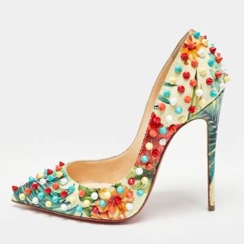 Pre Owned Christian Louboutin Multicolor Hawaiian Print Crackled Leather Follies Spikes Pumps Size 37